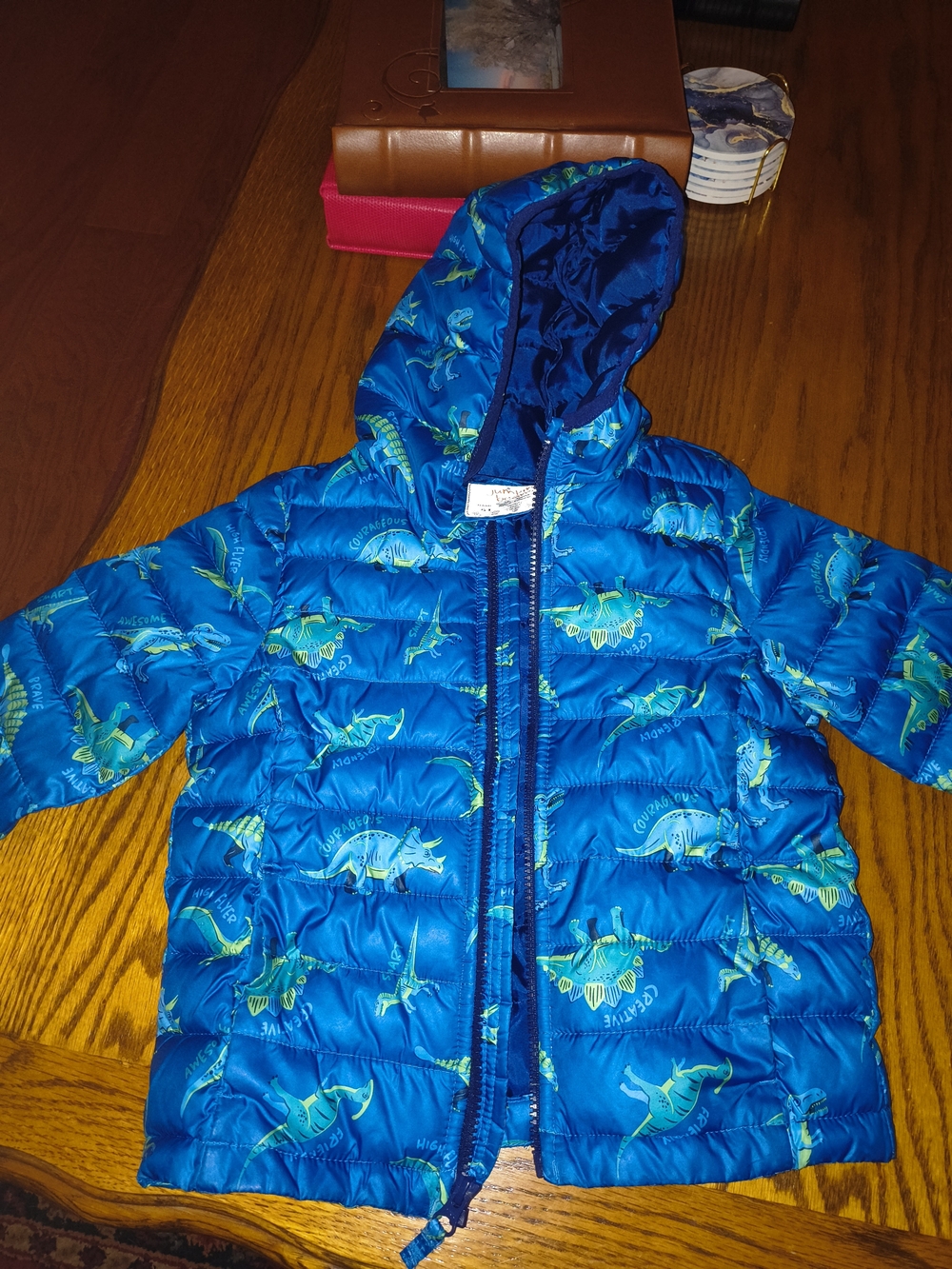 jumping beans Blue Hooded Puffer Jacket with Green Dinosaur Print
